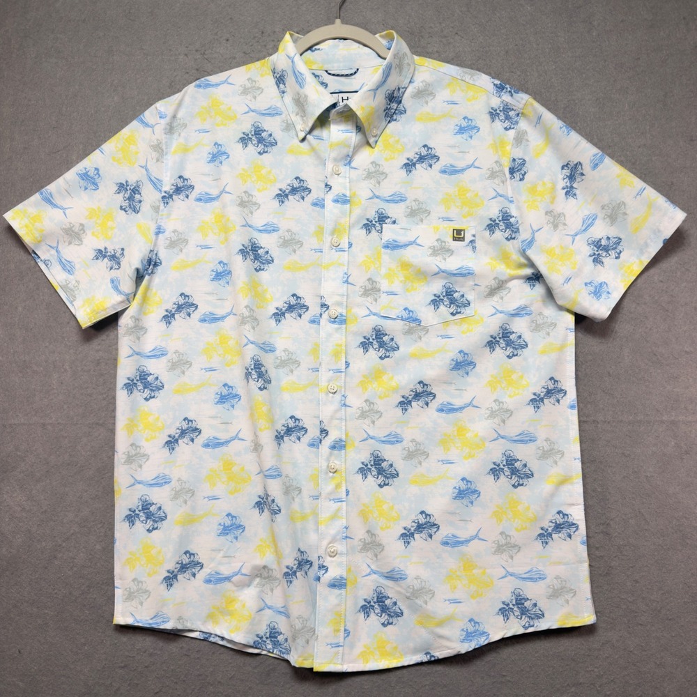 Huk Mens Short Sleeve Fish Floral Button Down Shirt White Blue Yellow Large